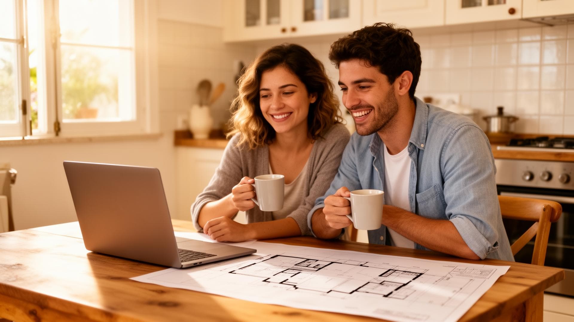 Casal a analisar os seus planos para uma casa